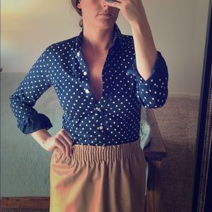 Non-iron / fitted Polka dot navy blue button down